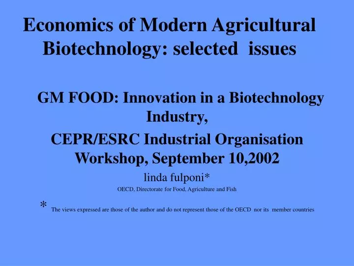 economics of modern agricultural biotechnology selected issues