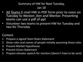 Summary of HW for Next Tuesday, Jan 18