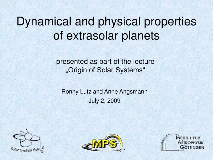 dynamical and physical properties of extrasolar planets