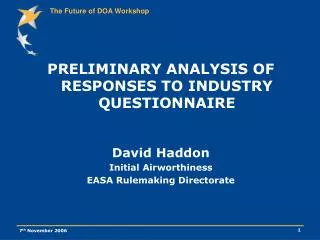PRELIMINARY ANALYSIS OF RESPONSES TO INDUSTRY QUESTIONNAIRE David Haddon Initial Airworthiness