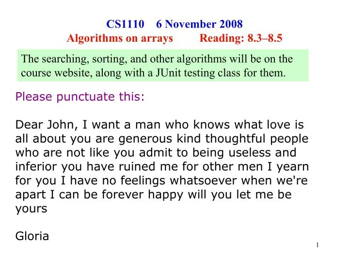 cs1110 6 november 2008 algorithms on arrays reading 8 3 8 5