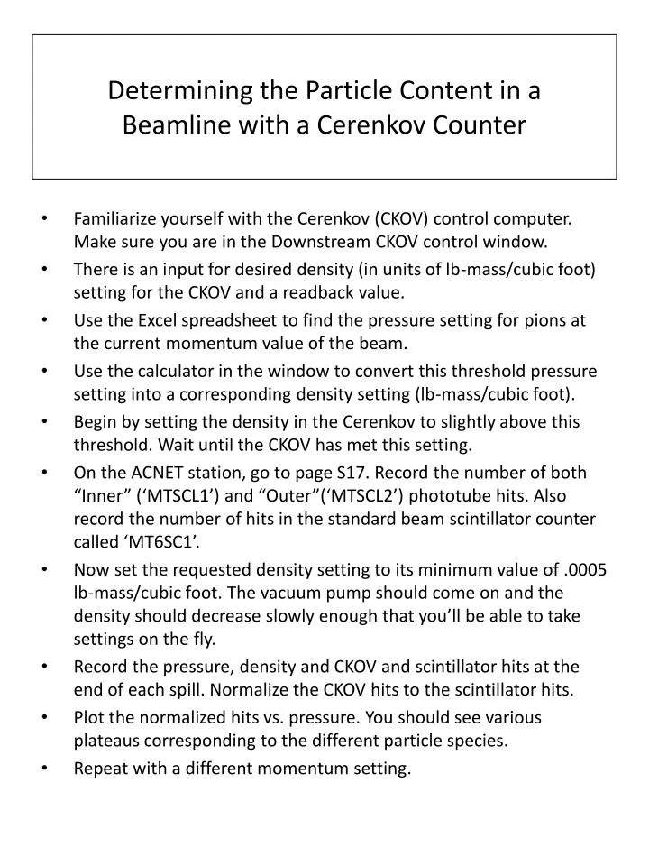 determining the particle content in a beamline with a cerenkov counter