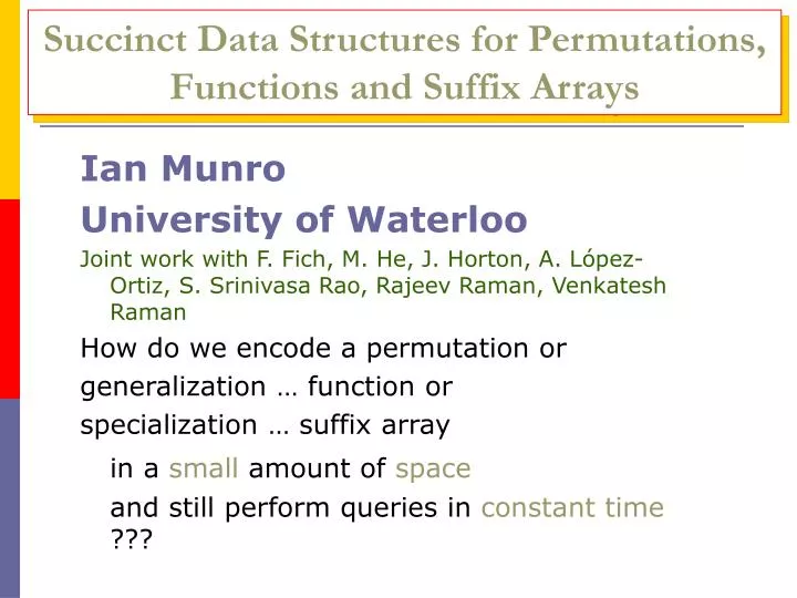 succinct data structures for permutations functions and suffix arrays