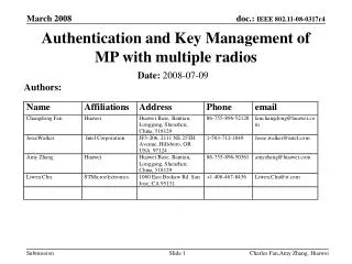 Authentication and Key Management of MP with multiple radios