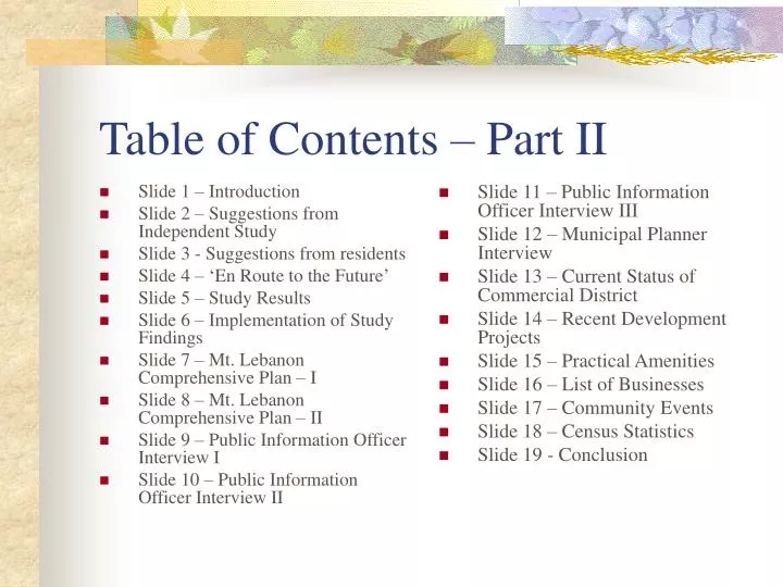 table of contents part ii