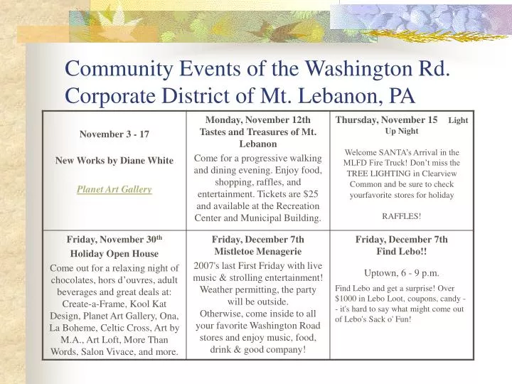 community events of the washington rd corporate district of mt lebanon pa