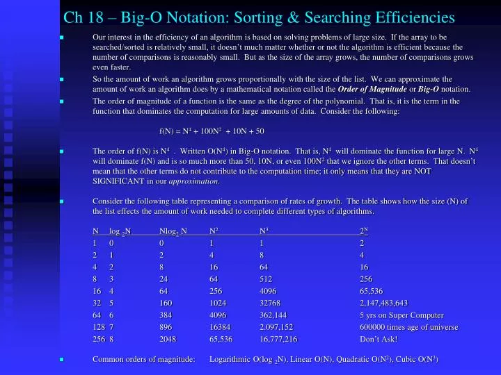 ch 18 big o notation sorting searching efficiencies