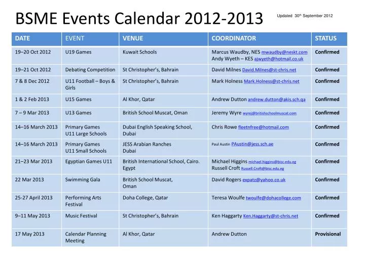 bsme events calendar 2012 2013