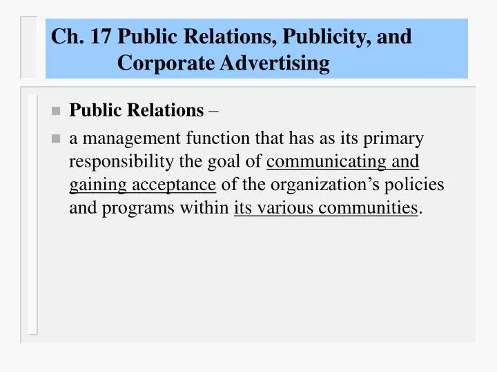 ch 17 public relations publicity and corporate advertising
