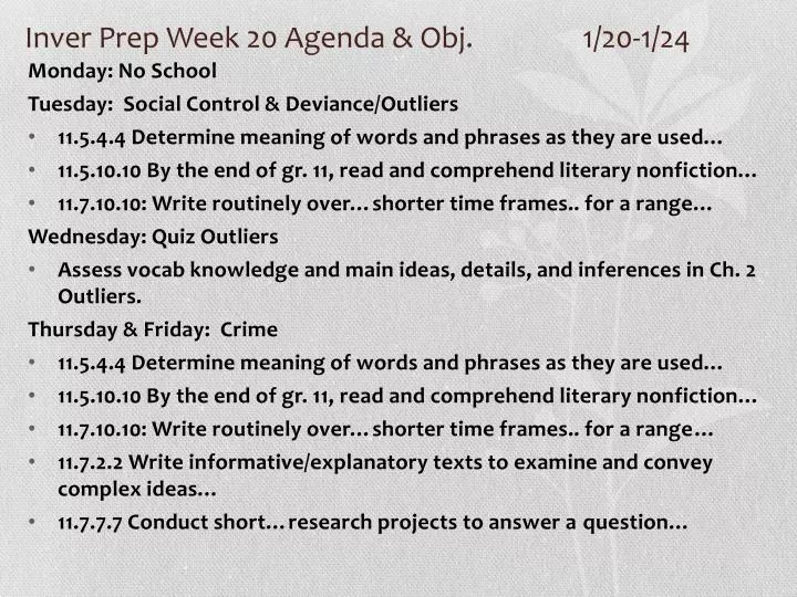 inver prep week 20 agenda obj 1 20 1 24