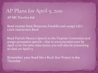 AP Plans for April 5, 2011