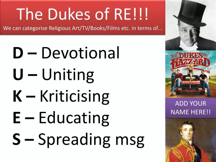 the dukes of re we can categorise religious art tv books films etc in terms of