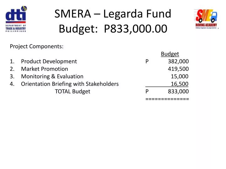 smera legarda fund budget p833 000 00