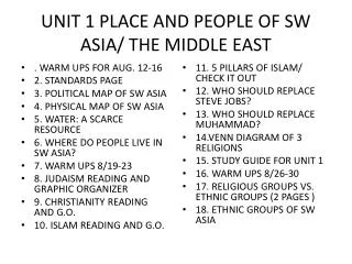 UNIT 1 PLACE AND PEOPLE OF SW ASIA/ THE MIDDLE EAST