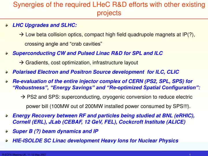 synergies of the required lhec r d efforts with other existing projects