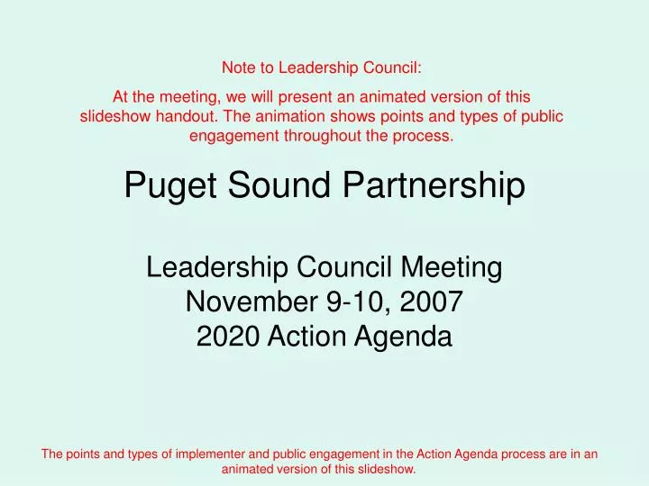 puget sound partnership leadership council meeting november 9 10 2007 2020 action agenda