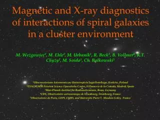 Magnetic and X-ray diagnostics of interactions of spiral galaxies in a cluster environment