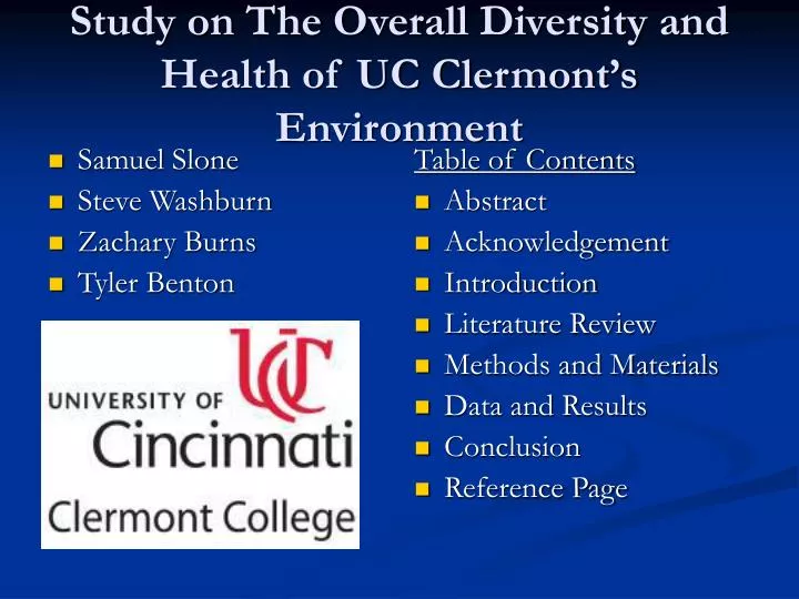 study on the overall diversity and health of uc clermont s environment