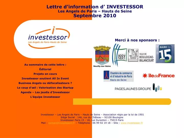 lettre d information d investessor les angels de paris hauts de seine septembre 2010