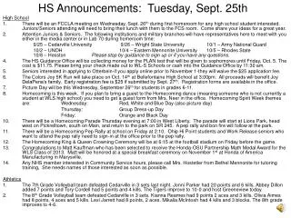 HS Announcements: Tuesday, Sept. 25th