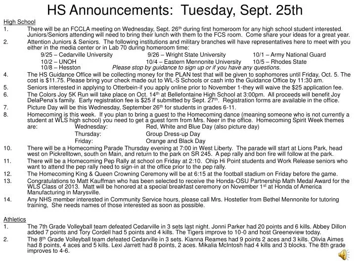 hs announcements tuesday sept 25th