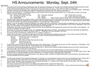 HS Announcements: Monday, Sept. 24th