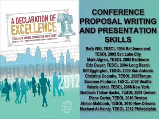 Beth Witt, TESOL 1994 Baltimore and TESOL 2002 Salt Lake City Mark Algren, TESOL 2003 Baltimore