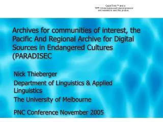 Nick Thieberger Department of Linguistics &amp; Applied Linguistics The University of Melbourne