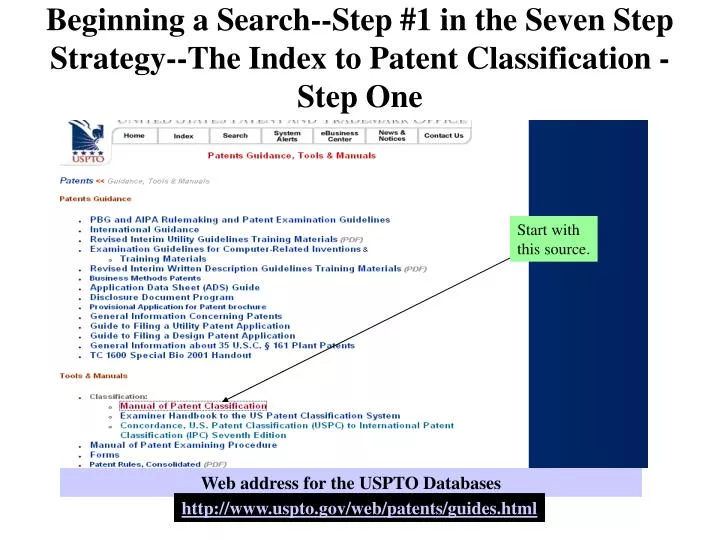 beginning a search step 1 in the seven step strategy the index to patent classification step one
