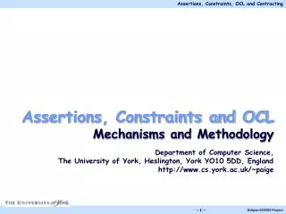 Assertions, Constraints and OCL Mechanisms and Methodology Department of Computer Science,