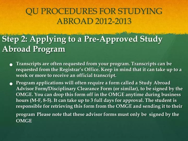 qu procedures for studying abroad 2012 2013