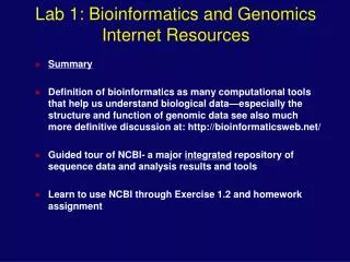 Lab 1: Bioinformatics and Genomics Internet Resources