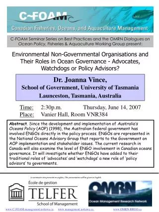Dr. Joanna Vince, School of Government, University of Tasmania Launceston, Tasmania, Australia