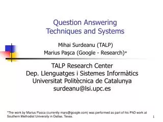 Question Answering Techniques and Systems