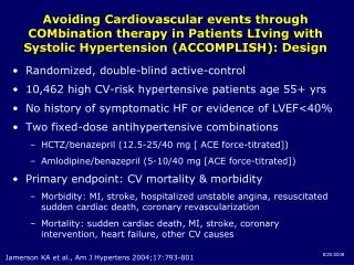 Randomized, double-blind active-control 10,462 high CV-risk hypertensive patients age 55+ yrs