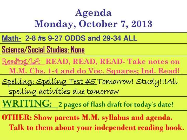 agenda monday october 7 2013