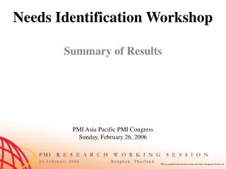 Needs Identification Workshop Summary of Results