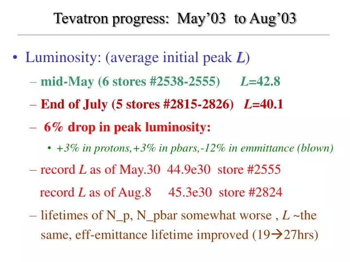 tevatron progress may 03 to aug 03