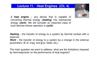 Lecture 11. Heat Engines (Ch. 4)