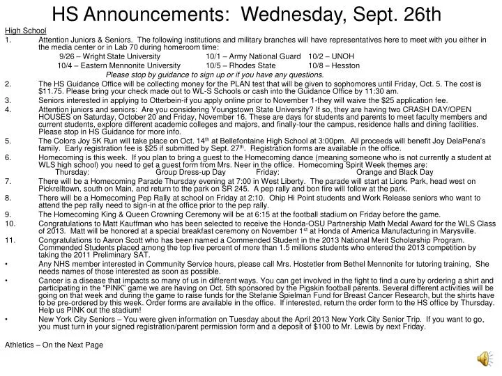 hs announcements wednesday sept 26th