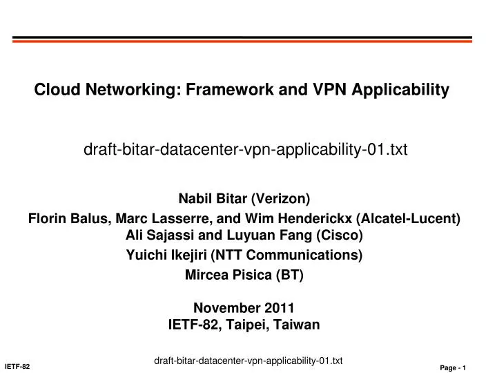 cloud networking framework and vpn applicability draft bitar datacenter vpn applicability 01 txt
