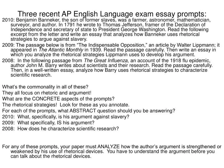 three recent ap english language exam essay prompts