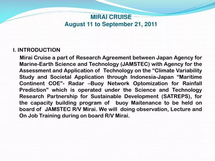 mirai cruise august 11 to september 21 2011
