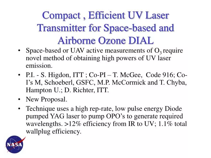compact efficient uv laser transmitter for space based and airborne ozone dial