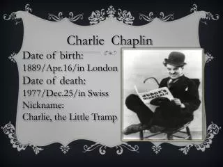 Charlie Chaplin Date of birth: 1889/Apr.16/in London Date of death: