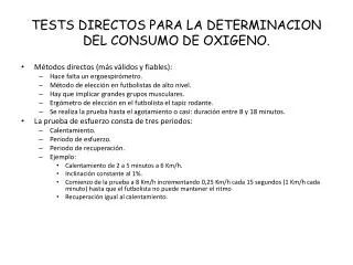 tests directos para la determinacion del consumo de oxigeno