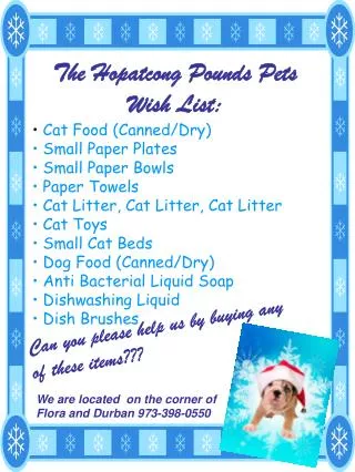The Hopatcong Pounds Pets Wish List: Cat Food (Canned/Dry) Small Paper Plates Small Paper Bowls