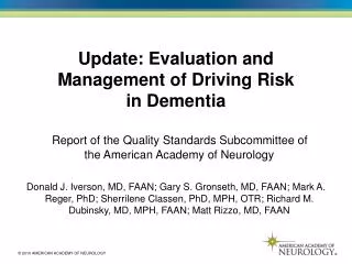 Update: Evaluation and Management of Driving Risk in Dementia