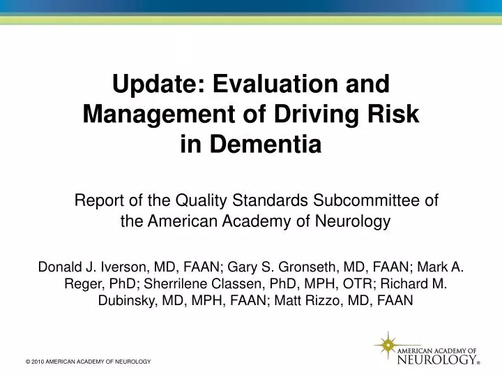 update evaluation and management of driving risk in dementia