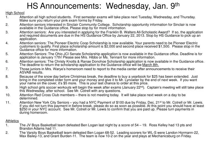 hs announcements wednesday jan 9 th